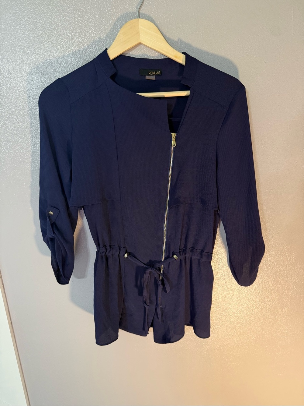 RENJAR Navy Zip-Front Drawstring Jacket Top